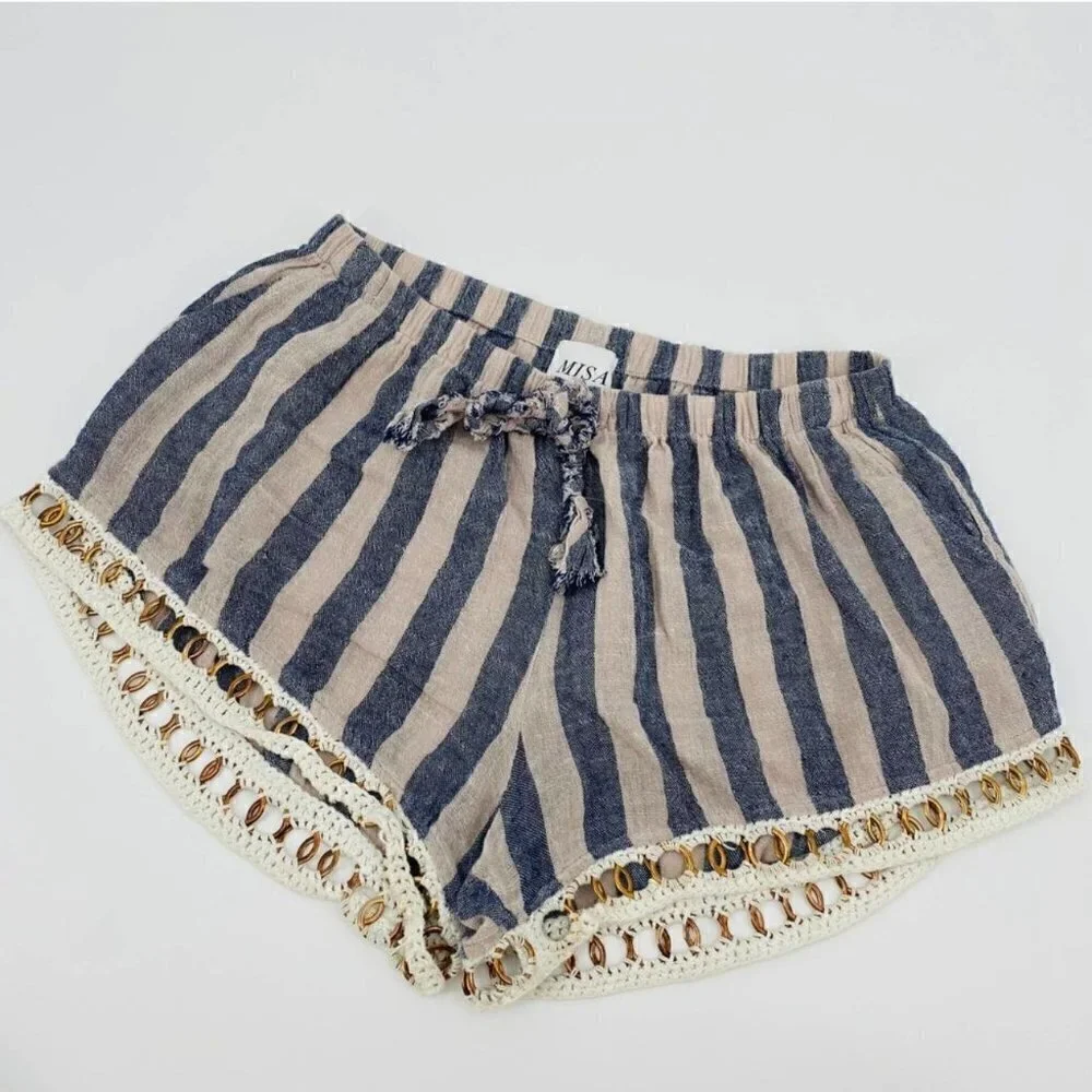 MISA LA Blue Striped Ring Crochet Fabric Shorts - Medium